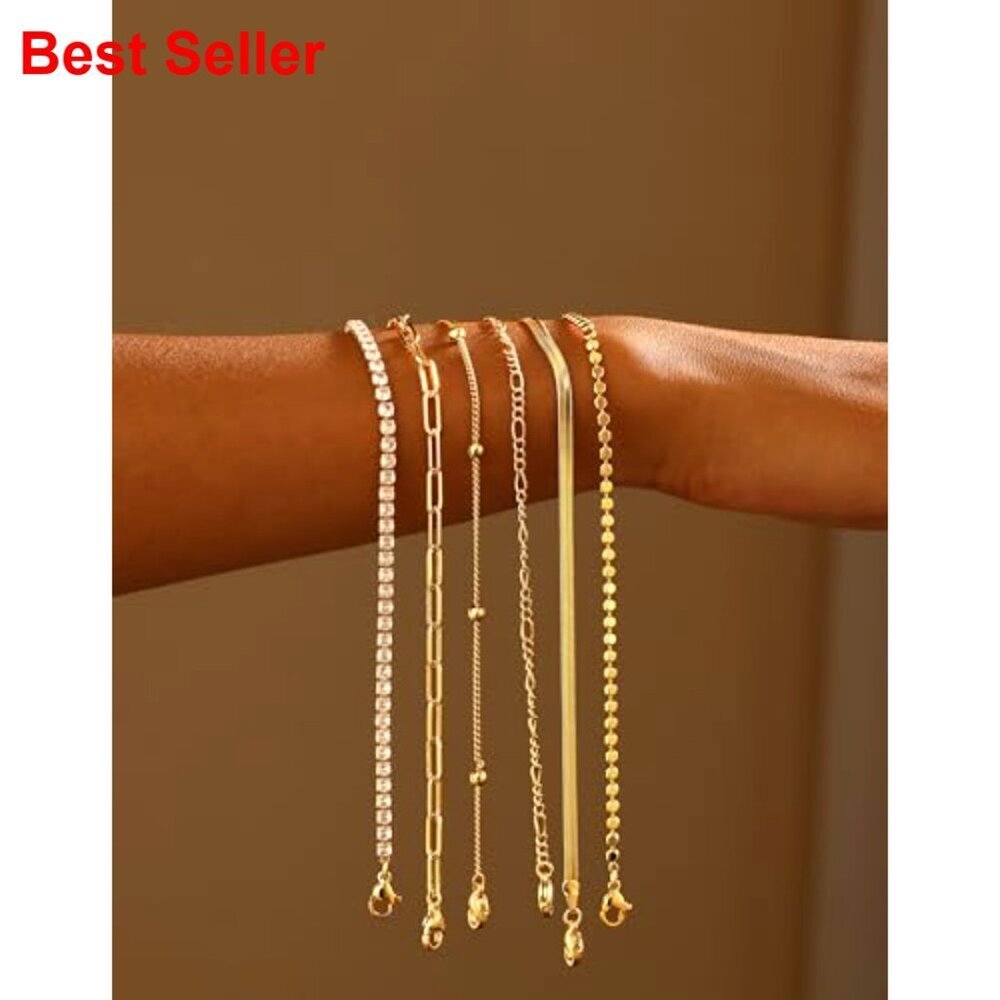 Gold Plated Bracelets Set, 6-Piece Stackable, Adjustable Length - Picture 6 of 7